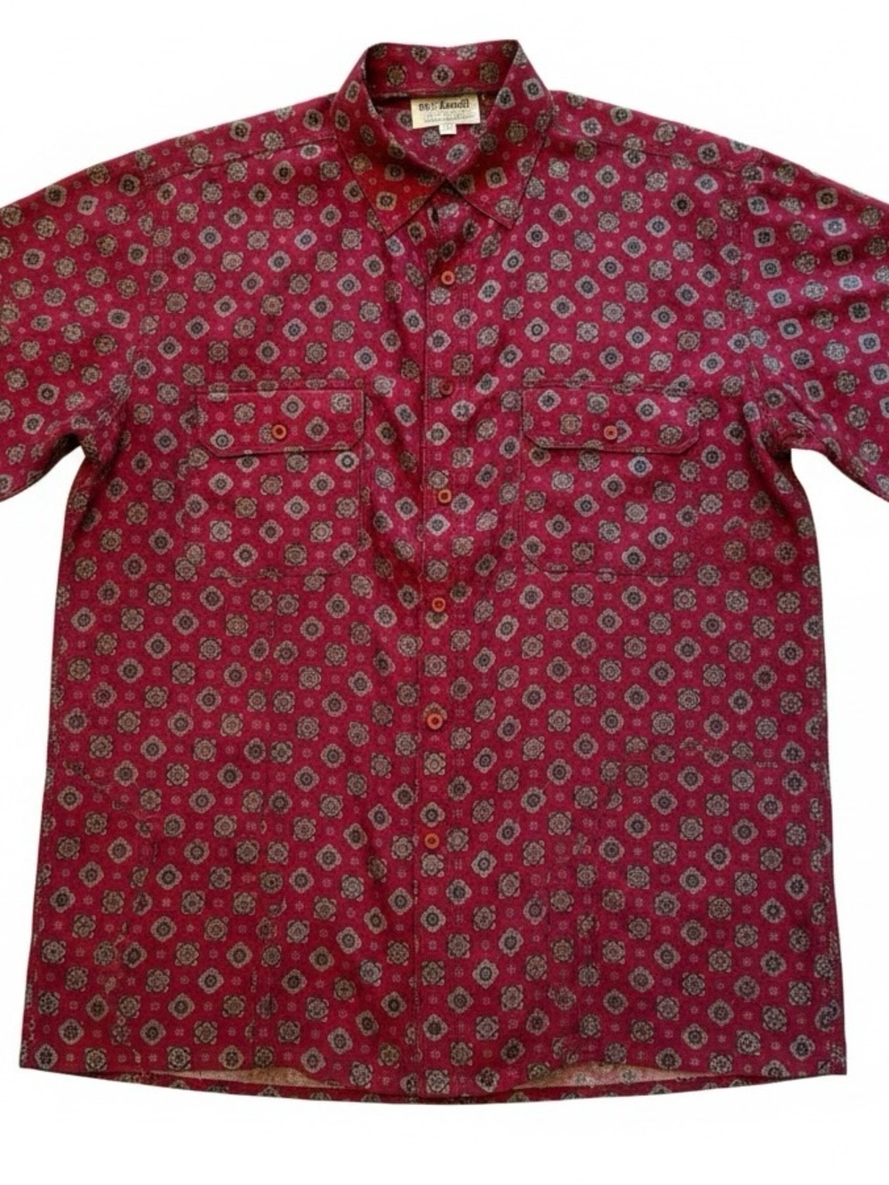 Vintage Silk Violet 100% Silk Camp Shirt Mens L Red Geometric Button Up Retro
